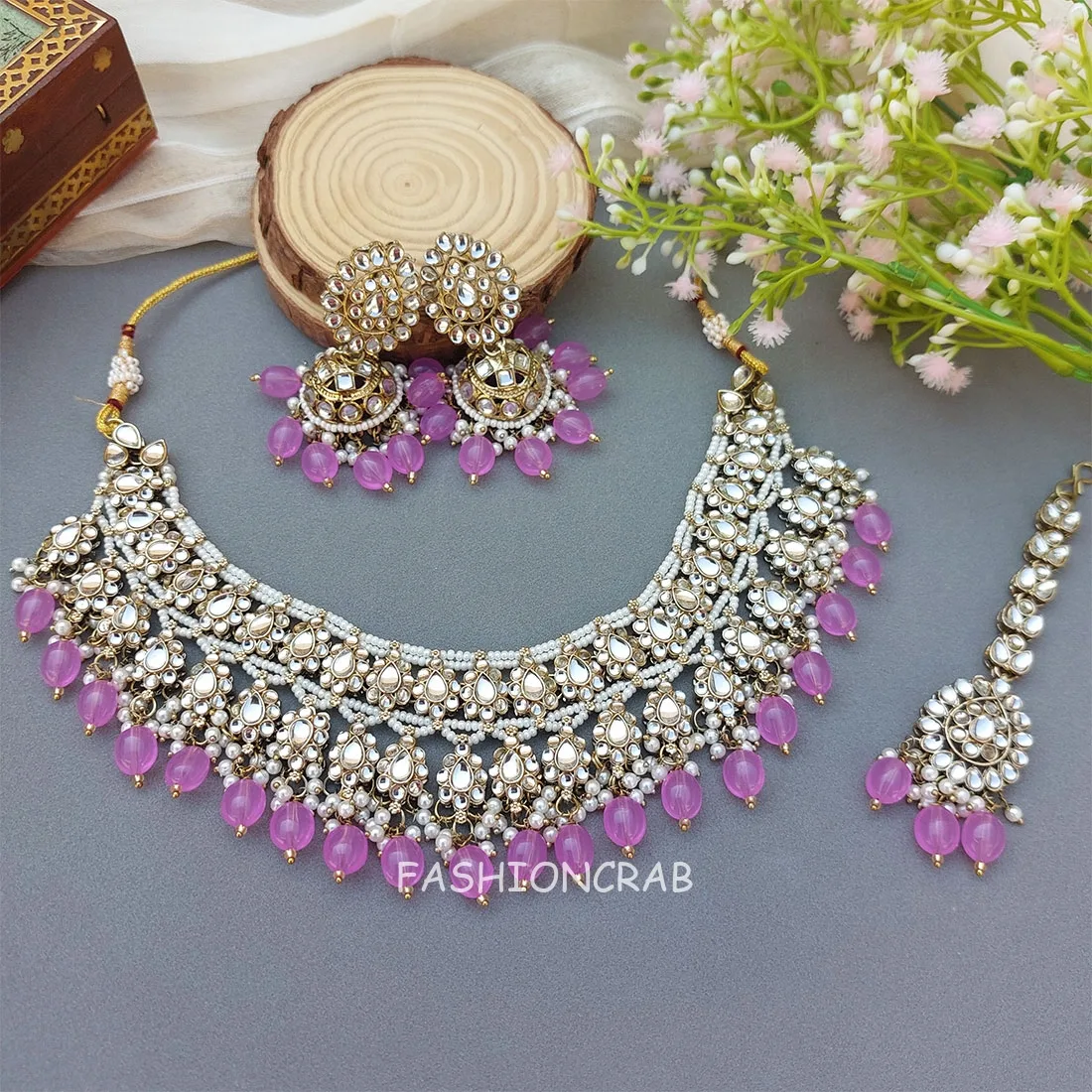 Lavender Color Bridal Kundan Jewellery Set