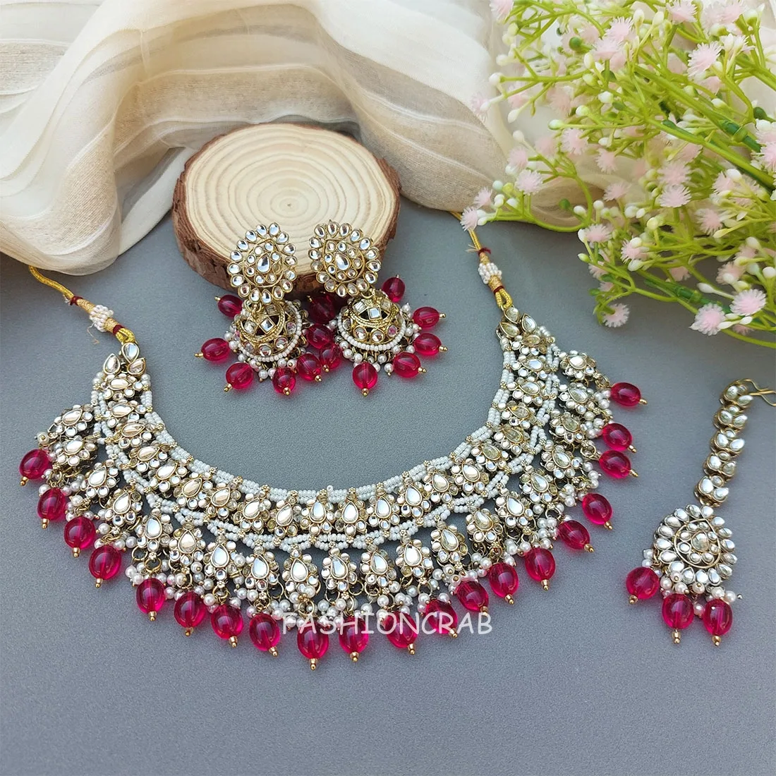 Pink Color Bridal Kundan Jewellery Set