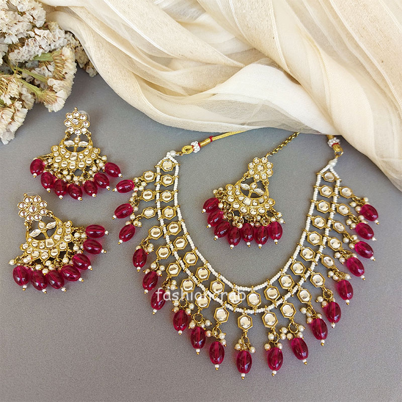 Pink Color Classic Pearl Kundan Mala