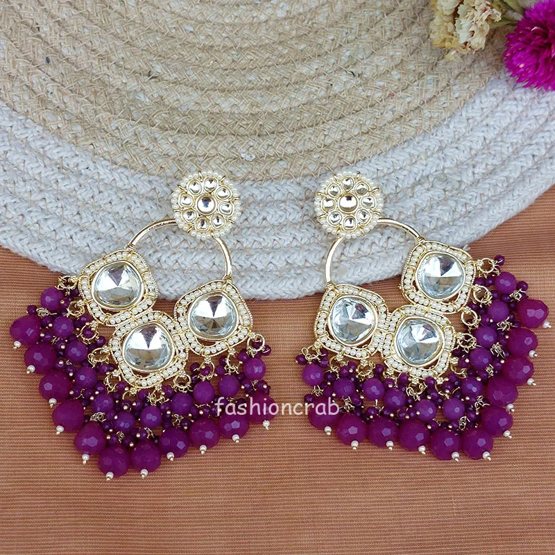 Royal Purple Pearl Kundan Chandbali Earrings