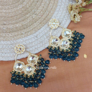 Teal Green Pearl Kundan Chandbali Earrings