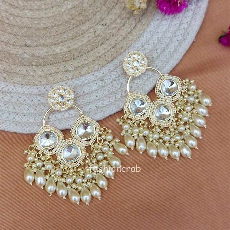 Women 18K Gold Plated Matt Finish Chandbali Earrings Handcrafted Kundan & Pearl