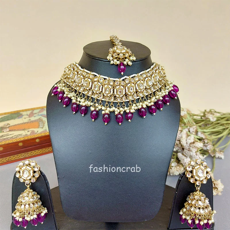 Wine Color Kundan Jewellery Set for Lehenga