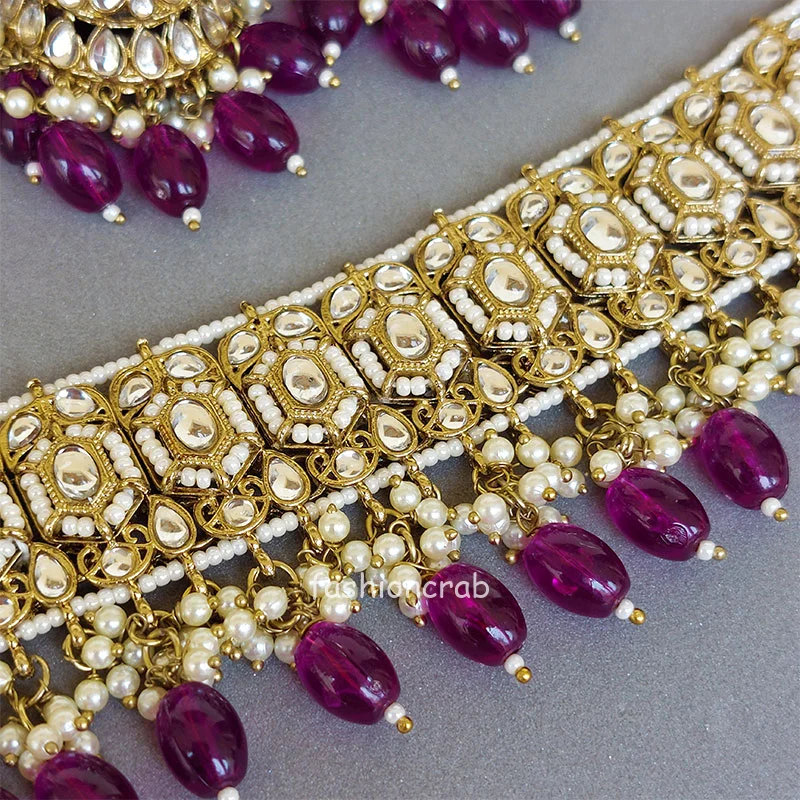 Wine Color Kundan Jewellery Set for Lehenga