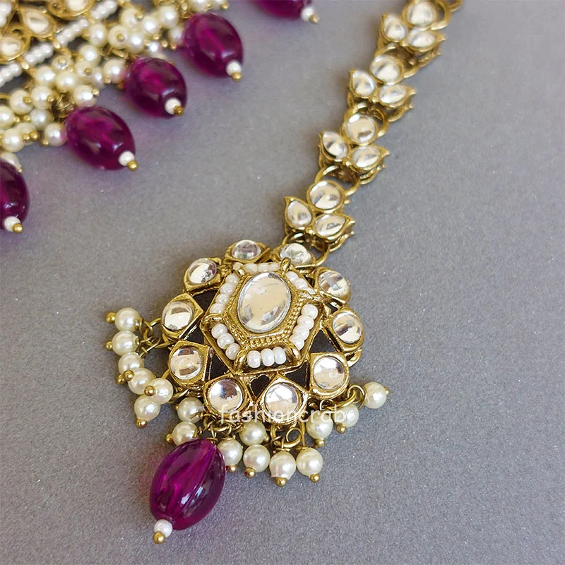 Wine Color Kundan Jewellery Set for Lehenga