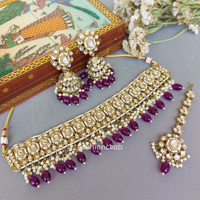 Wine Color Kundan Jewellery Set for Lehenga Wine Color Kundan Jewellery Set for Lehenga