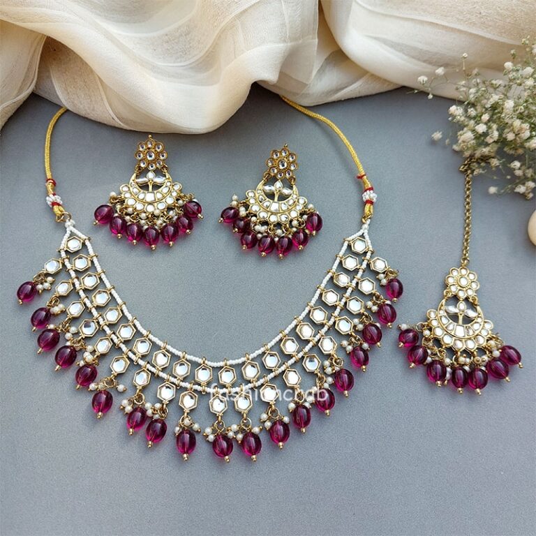 Wine Pearl Kundan Set for Anniversary Gift