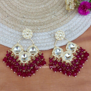 Wine Red Pearl Kundan Chandbali Earrings