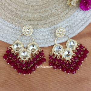 Wine Red Pearl Kundan Chandbali Earrings