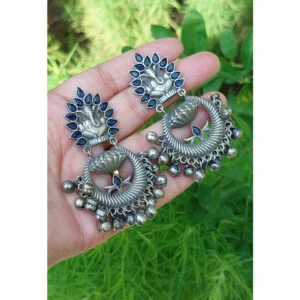 Royal Blue Oxidised Ganesh Earrings for Kurti