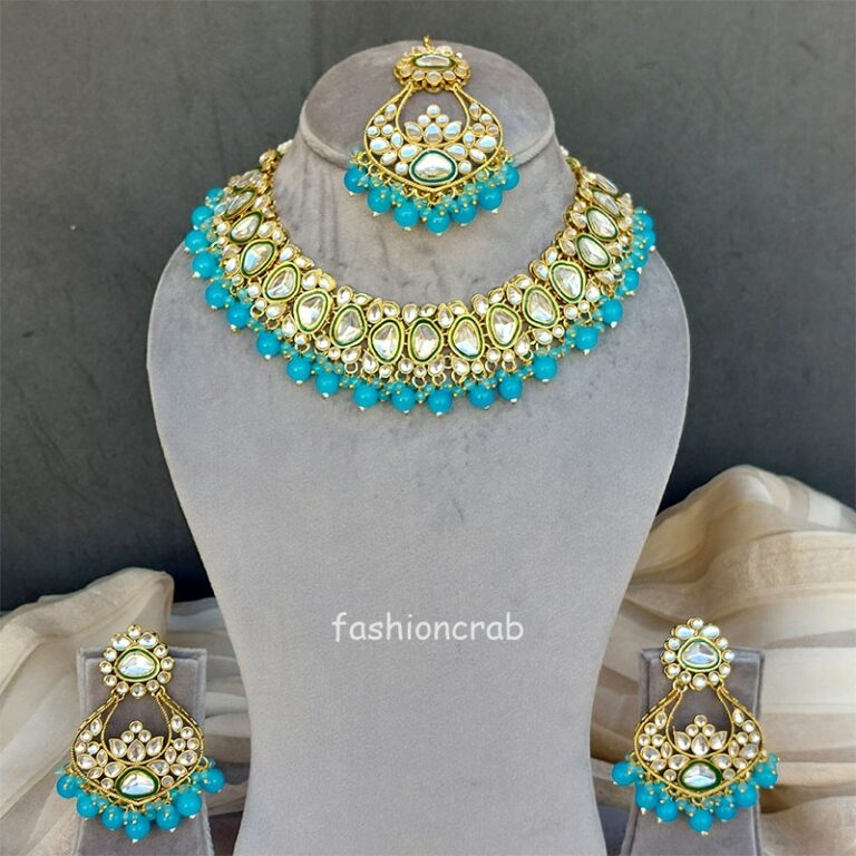 Royal Blush Pink Polki Kundan Bridal Necklace Set with Pearl Accents