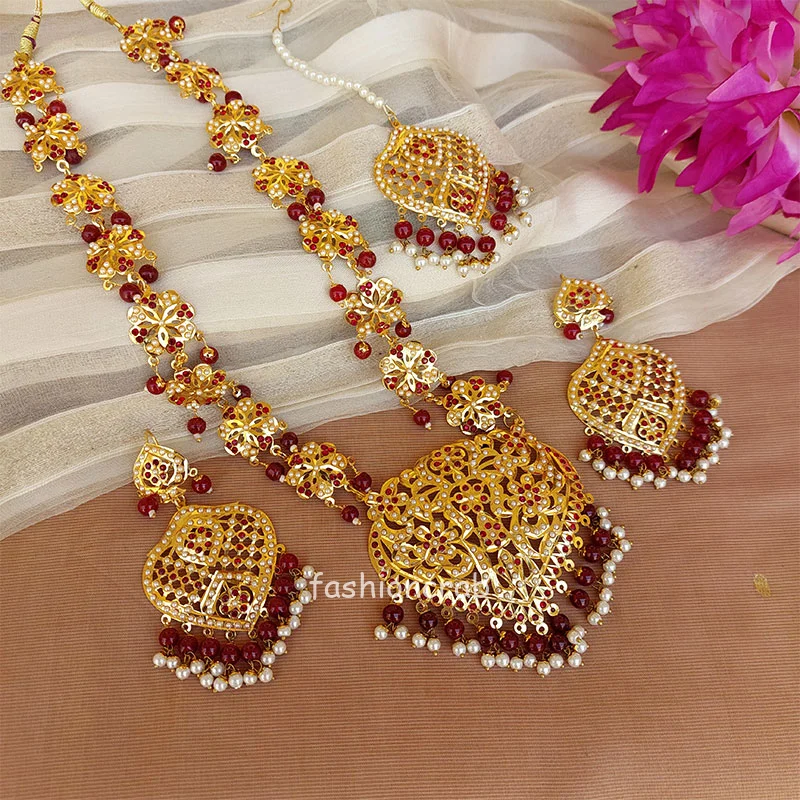 Maroon Color Jadau Jewellery for Wedding