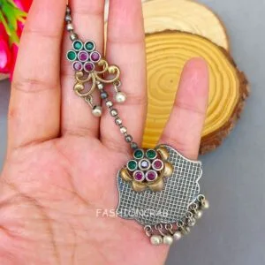 Oxidised Maang Tikka - Pink Green