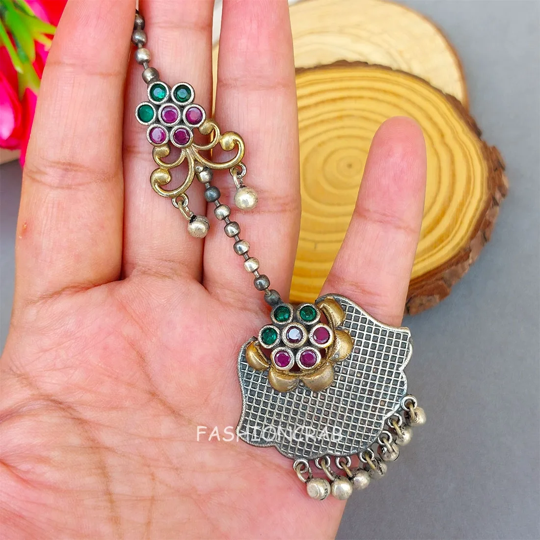 Oxidised Maang Tikka - Pink Green