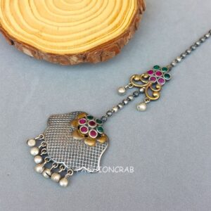 Oxidised Maang Tikka - Pink Green