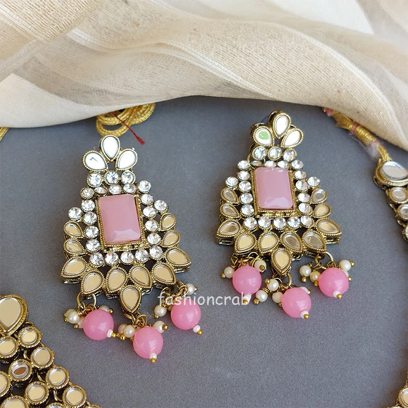 Pink Mirror Necklace Set for Lehenga