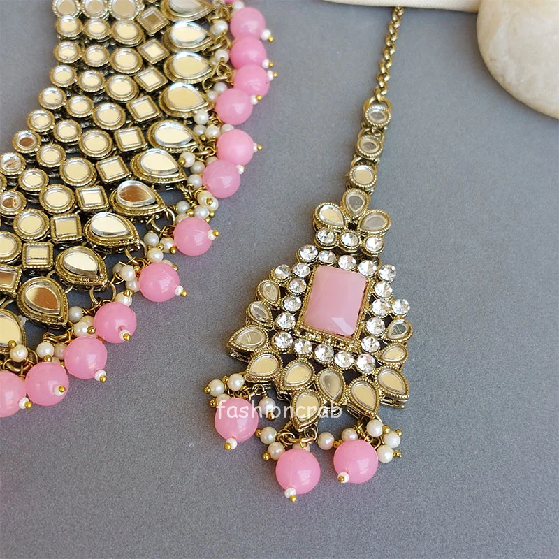 Pink Mirror Necklace Set for Lehenga