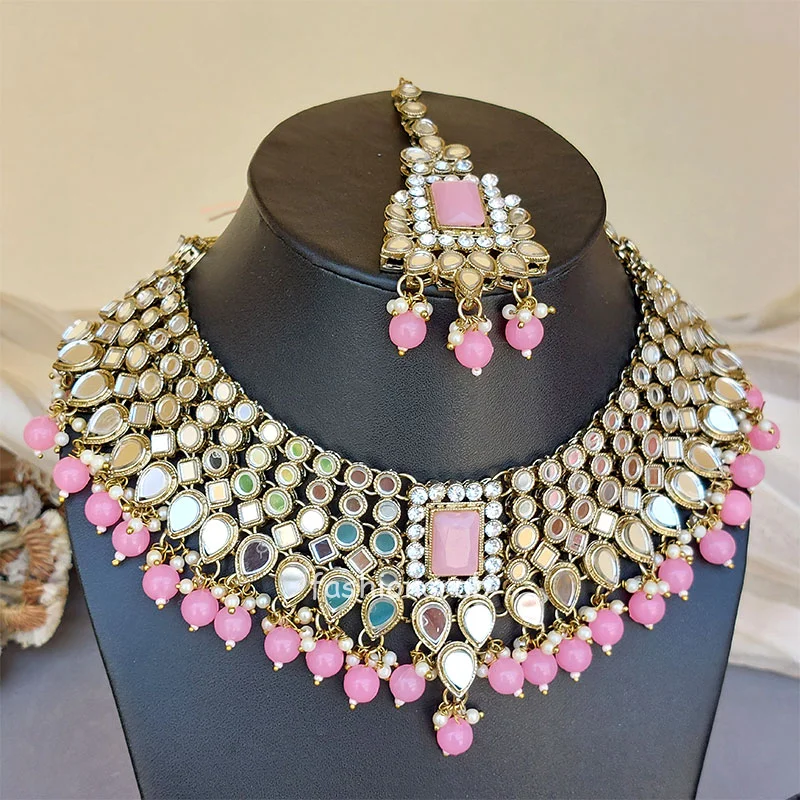 Pink Mirror Necklace Set for Lehenga