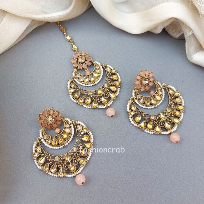 Earrings with Tikka Set for Wedding Function - Peach Earrings with Tikka Set for Wedding Function - Peach