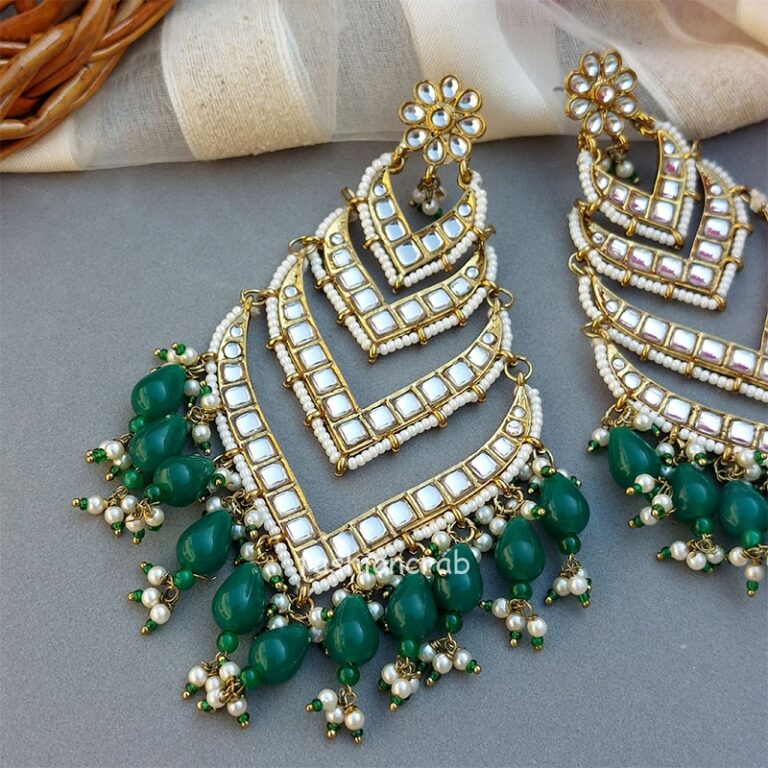 Green Maroon Gold Tone Kundan Earrings with Onyx