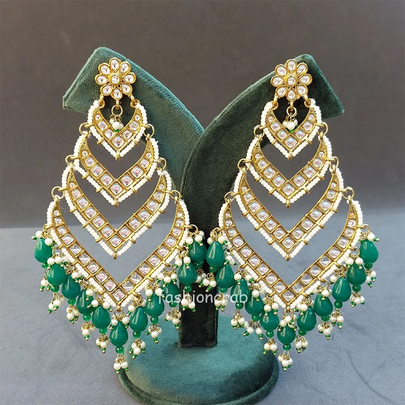 Kundan Earrings for Wedding- Green