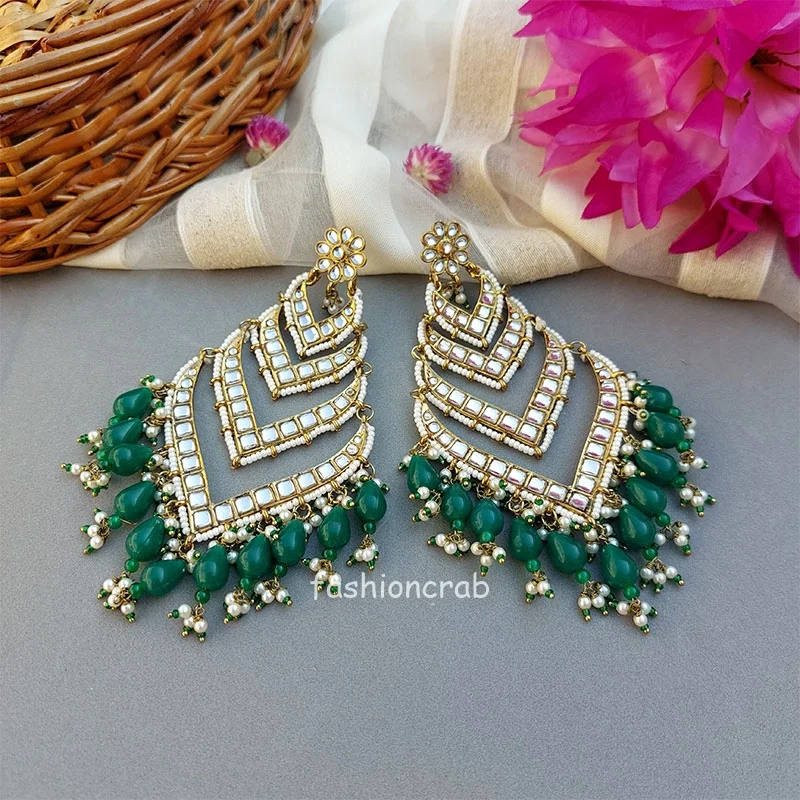 Kundan Earrings for Wedding- Green