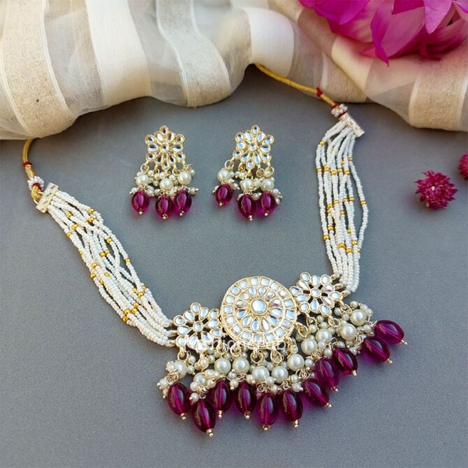 Rani Kundan Choker Set - Wine Rani Kundan Choker Set - Wine