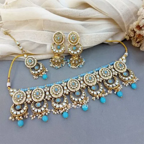 Samantha Kundan Jewellery Set - Light Blue