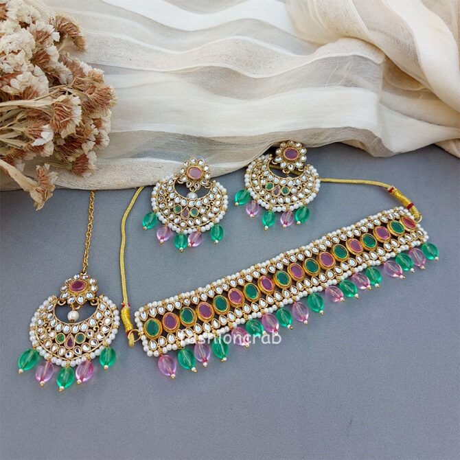 Yami Bridal Jewellery Set - Pink Green Yami Bridal Jewellery Set - Pink Green