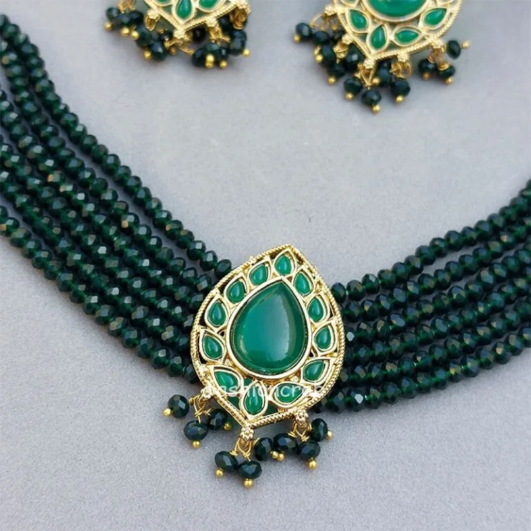 Dia Choker Necklace Set - Emerald Green