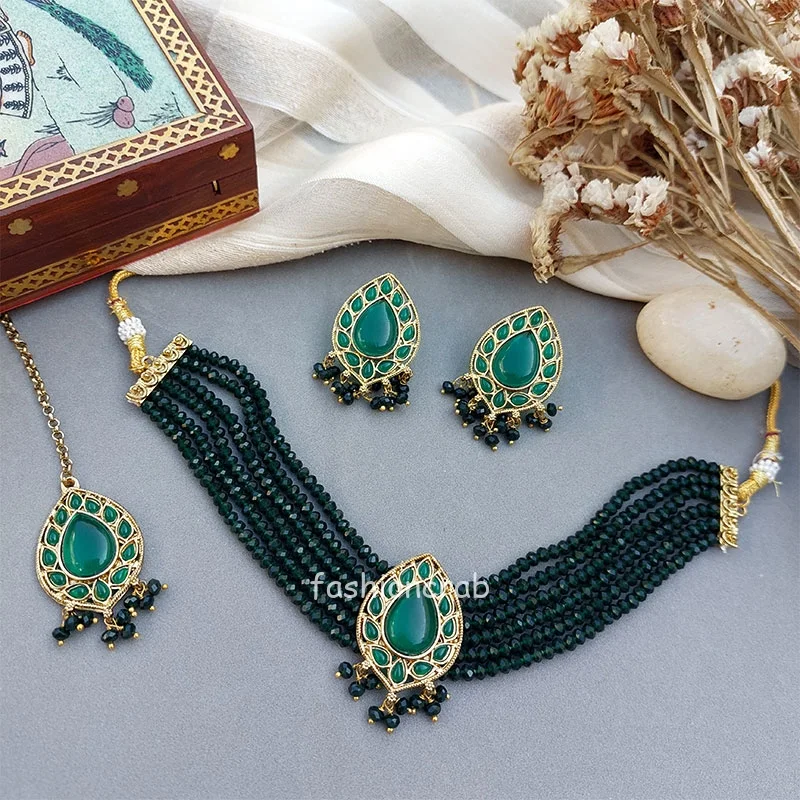 Dia Choker Necklace Set - Emerald Green