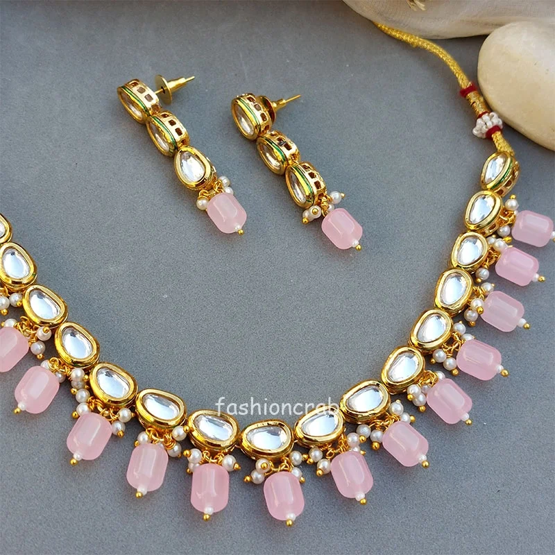 Esha Kundan Jewellery Set - Light Pink