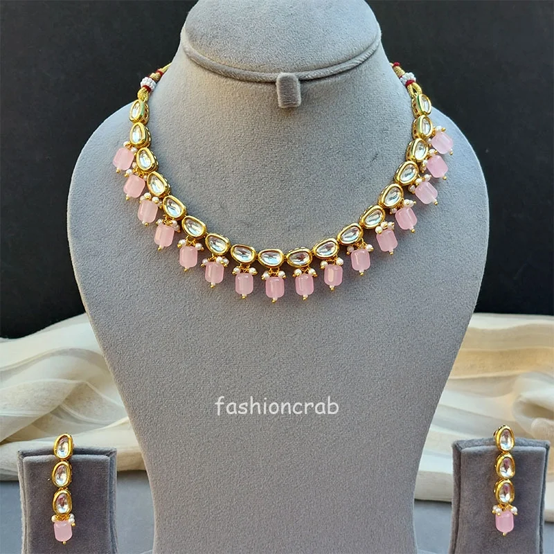 Esha Kundan Jewellery Set - Light Pink