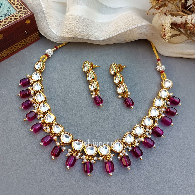 Esha Kundan Jewellery Set - Wine