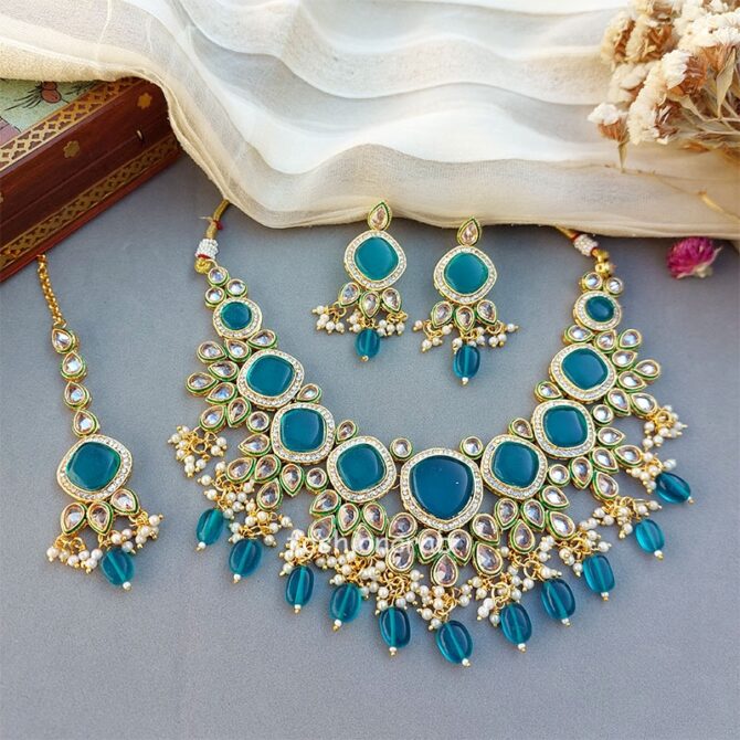 Mehreen Polki Set- Peacock Blue