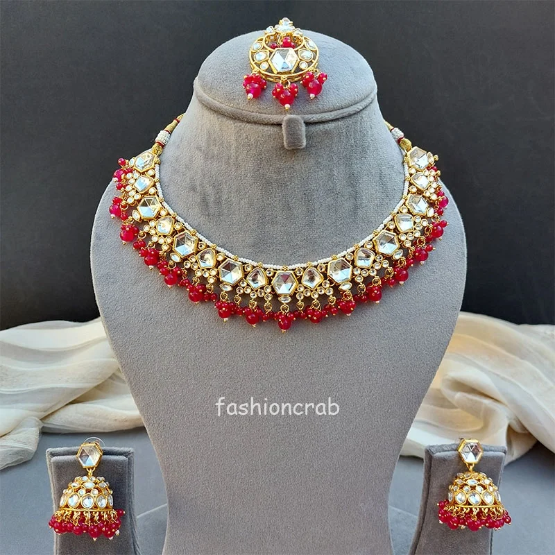 Rhea Kundan Jewellery Set - Dark Pink