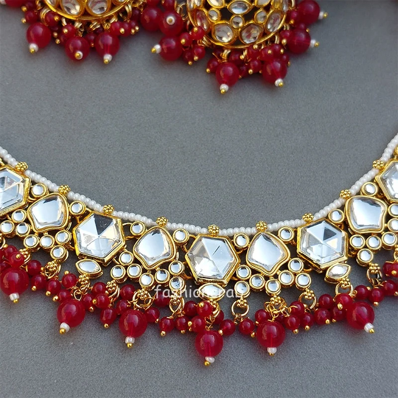 Rhea Kundan Jewellery Set - Dark Pink