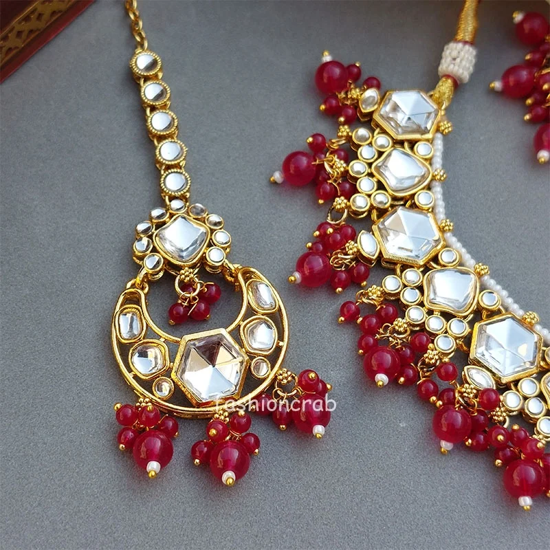 Rhea Kundan Jewellery Set - Dark Pink