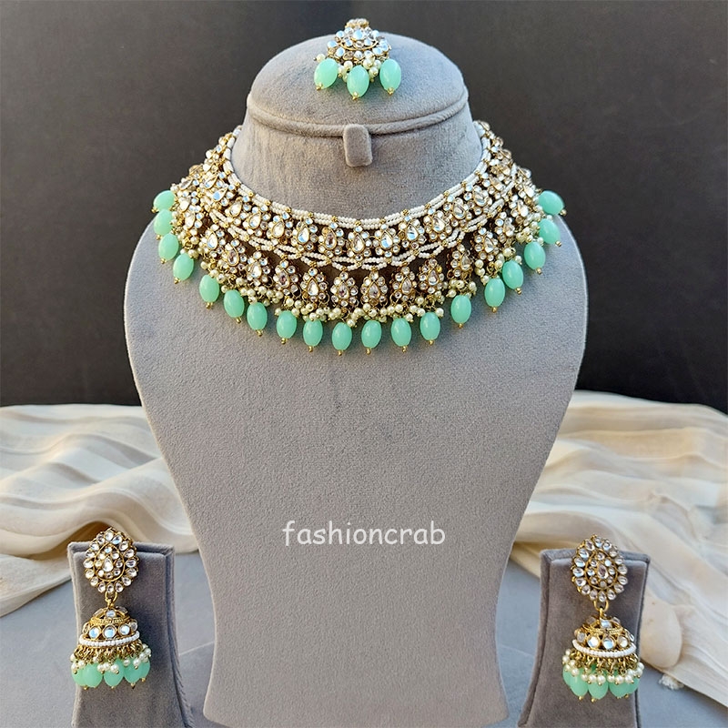 Kundan Bridal Jewellery In Pastel Green Beads – Hayagi