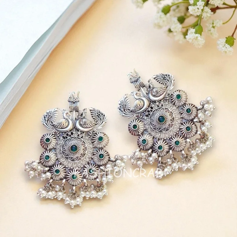 Trishul Oxidised Earrings - Green