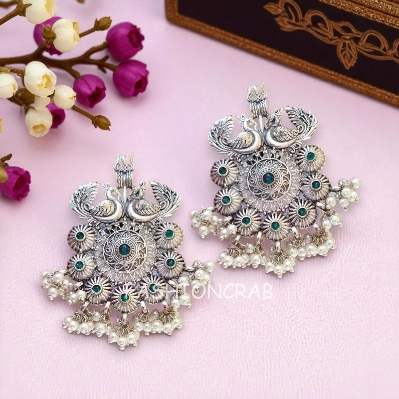 Trishul Oxidised Earrings - Green