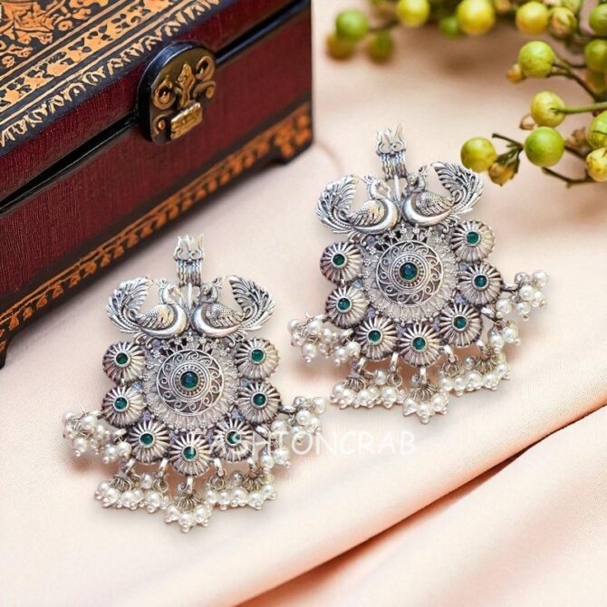 Trishul Oxidised Earrings - Green