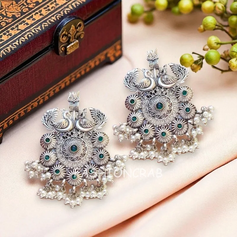 Trishul Oxidised Earrings - Green