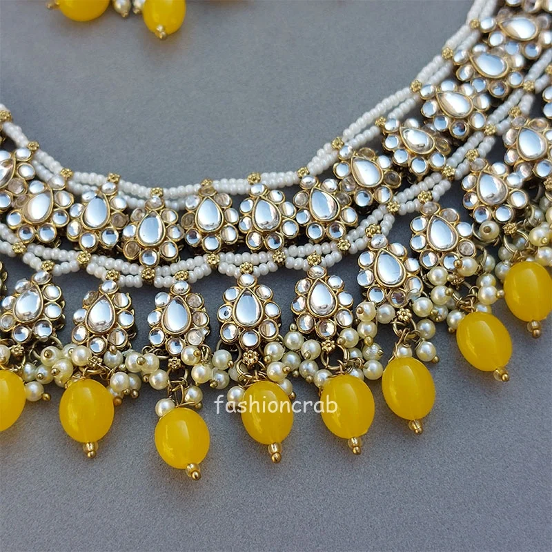 Yellow Color Bridal Kundan Jewellery Set