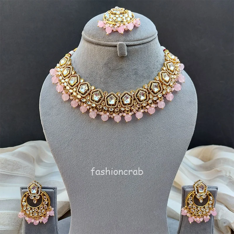 Sana Kundan Necklace Set - Pink