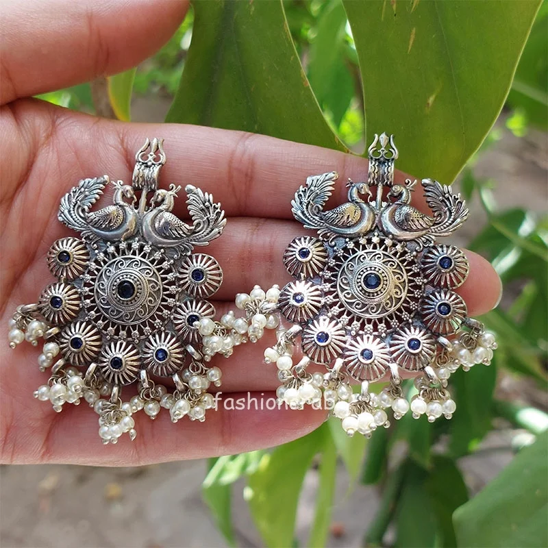 Trishul Oxidised Earrings - Blue
