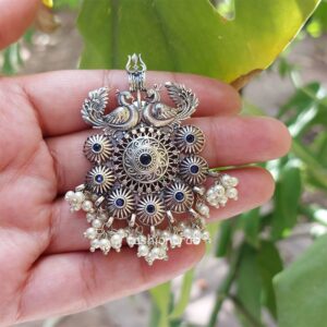 Trishul Oxidised Earrings - Blue