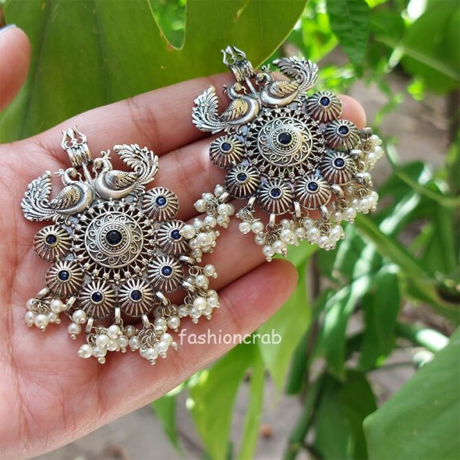 Trishul Oxidised Earrings - Blue Trishul Oxidised Earrings - Blue