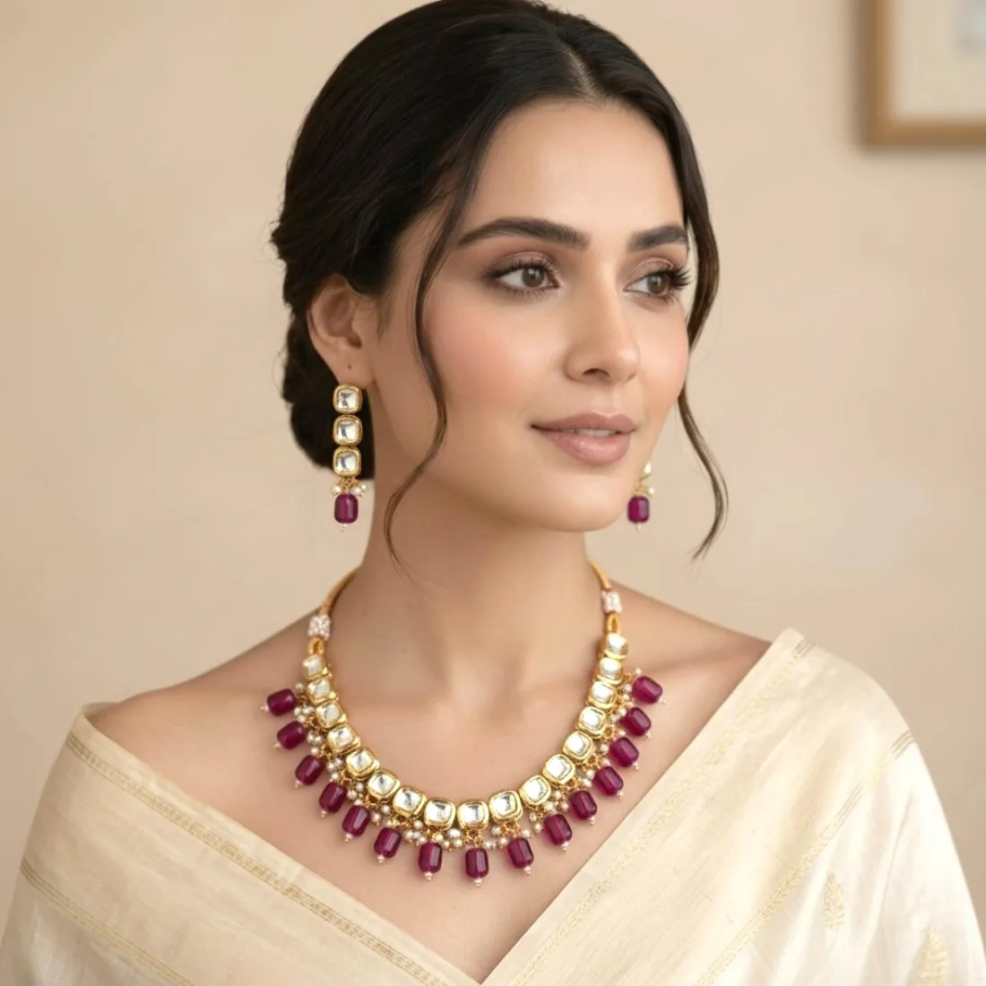 Wine Color Kundan Set