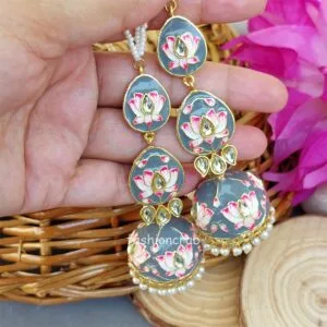 Alia Jhumka Earrings with Chain - Grey